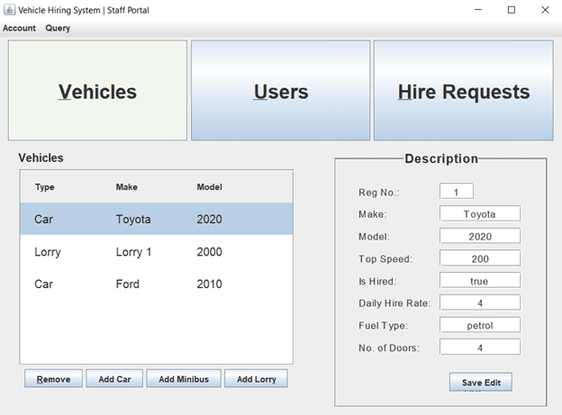 Vehicle Management System Java Swing screen