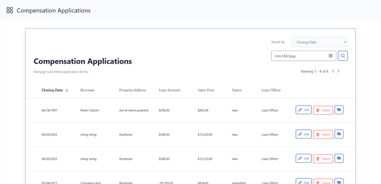 Mortgage loan management applications table