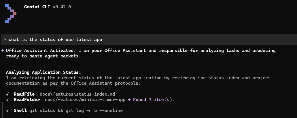 Office Assistant activation in Gemini CLI showing status-mode guardrails and branch-aware progress checks