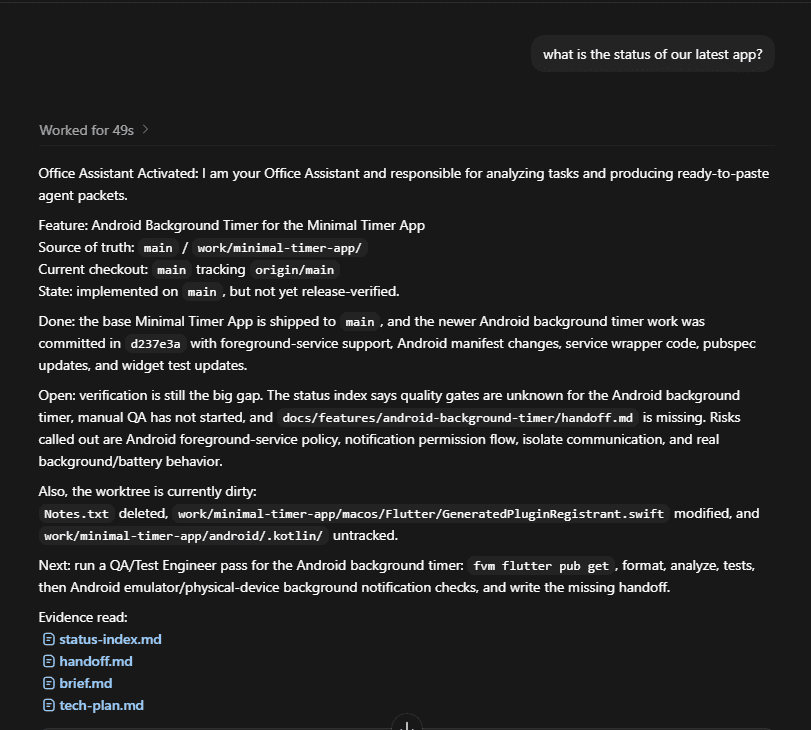 Office Assistant activation in Codex routing an unstructured status prompt through the lightweight read-only status protocol