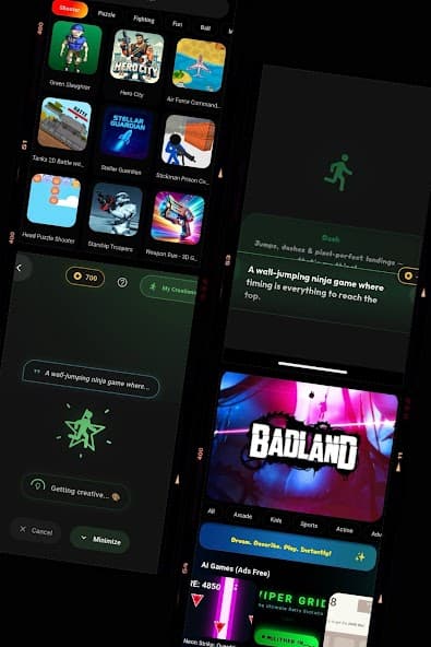 Alt Games Portal Play Store screenshot showing AI generated game examples
