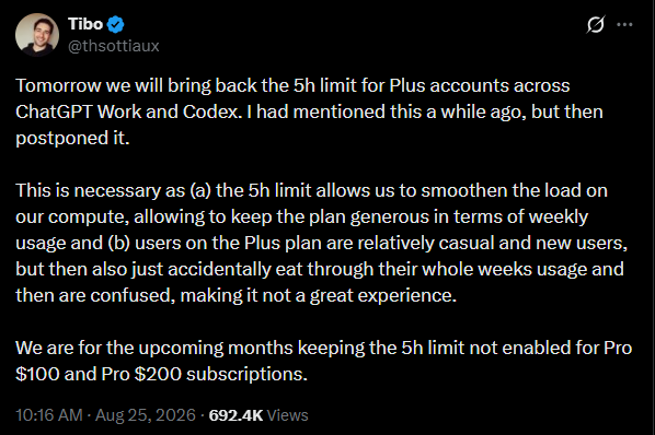 Tibo on X announcing the return of the 5-hour limit for Plus accounts